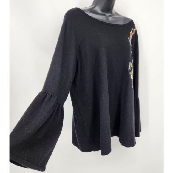 Philosophy Pullover Sweater Women's Plus Size 1X Black Bell Sleeves Embroidery - Picture 2 of 9
